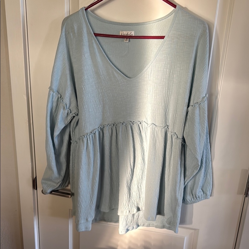 Wonderly Blue 3/4 Sleeve Tiered Blouse